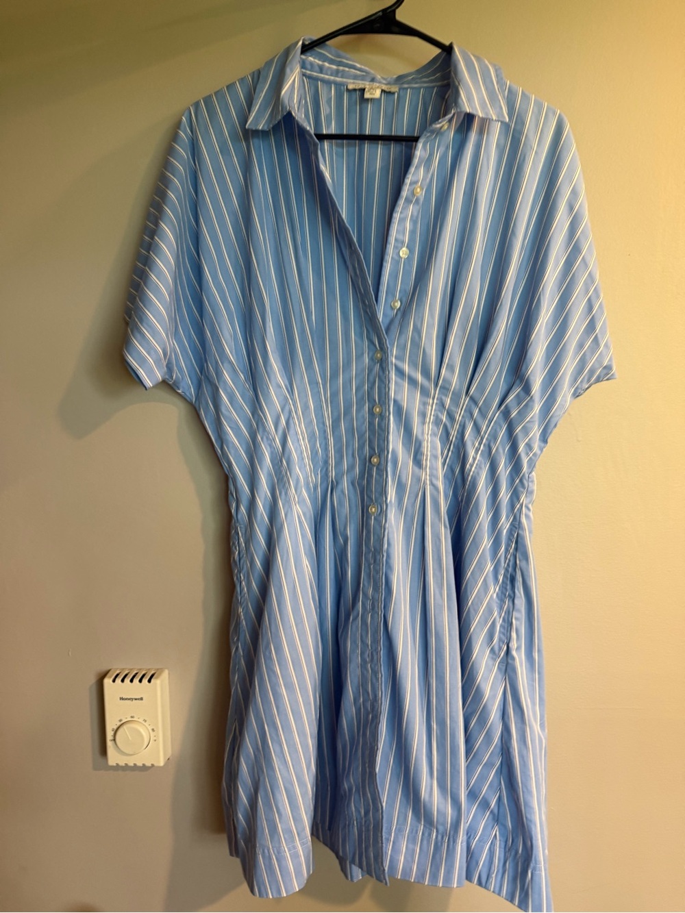 Blue and White Striped Button-Front Shirt Dress